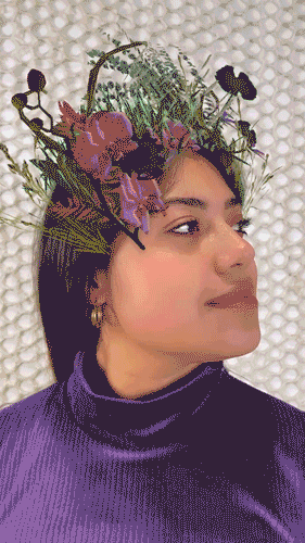 Gif exemplificando o uso do filtro de Instagram que apresenta flores e plantas saindo da cabeça do usuário, como se fosse uma coroa.